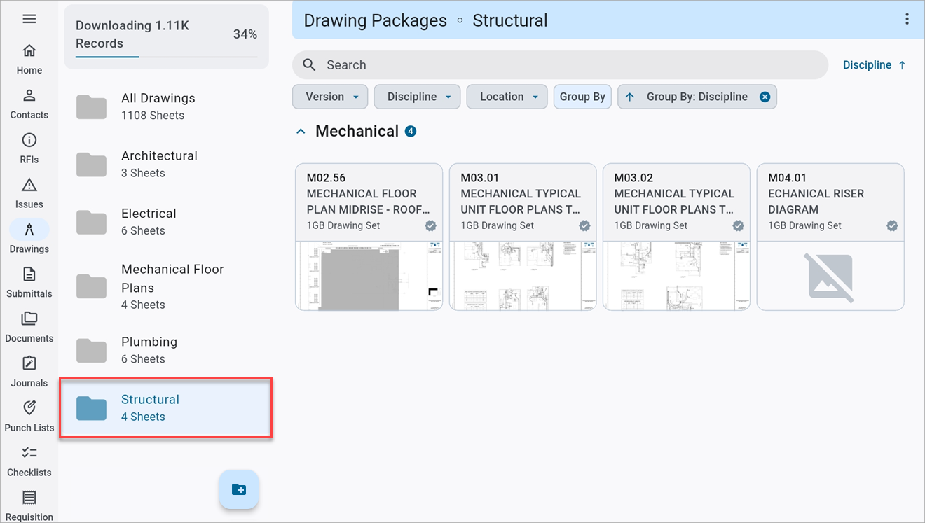 Screenshot of Drawings with drawing package selected