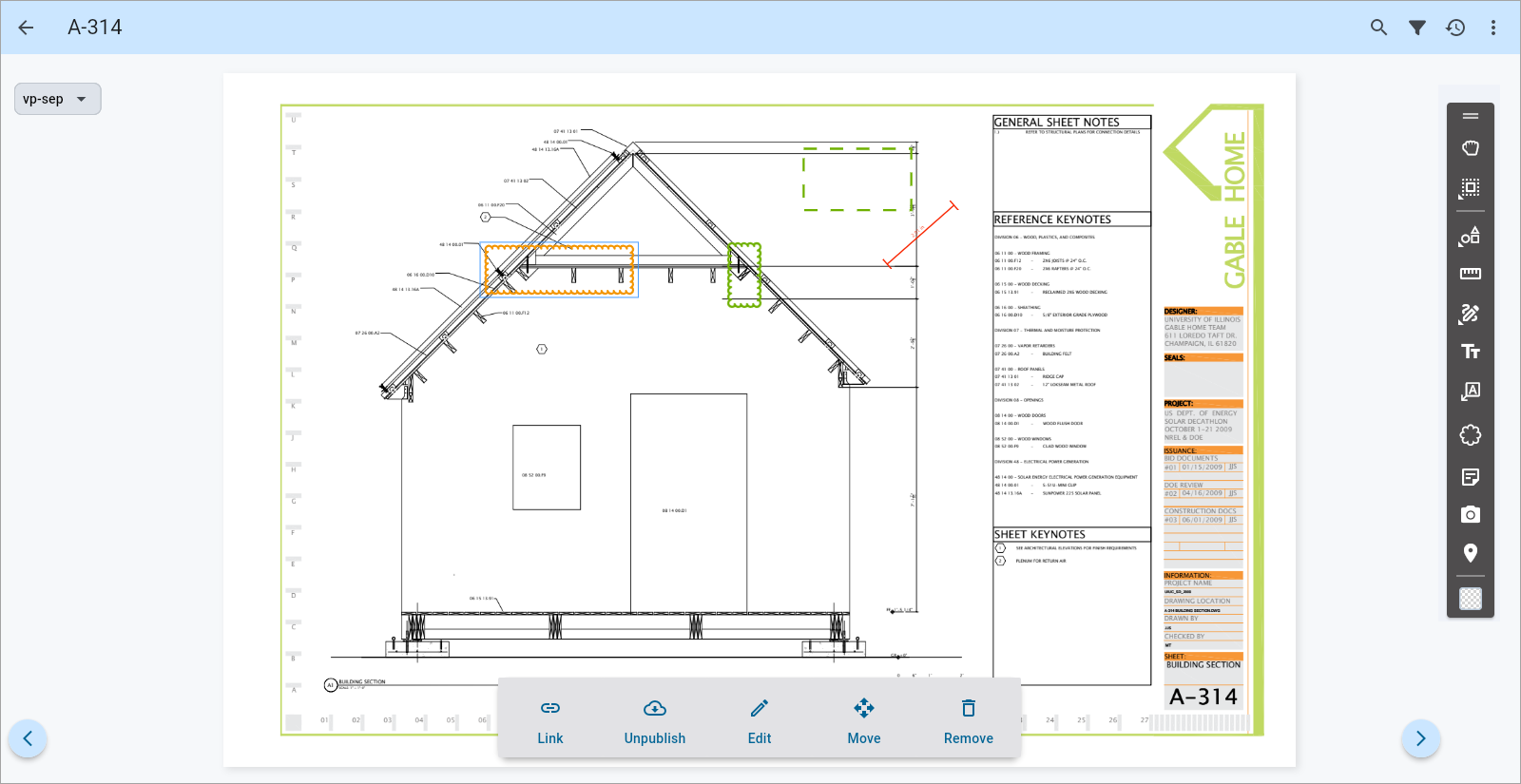 Screenshot of Drawings with link,publish, move, delete links