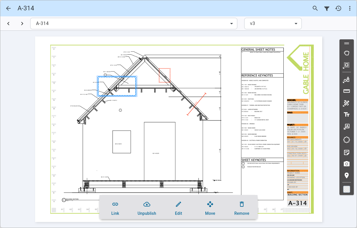 Screenshot of Drawings with link,publish, move, delete links