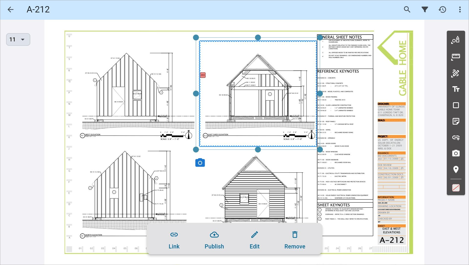 Screenshot of Drawings with link,publish, delete links