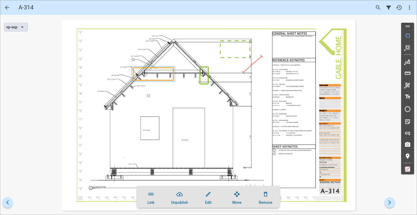 Screenshot of Drawings with link,publish, move, delete links