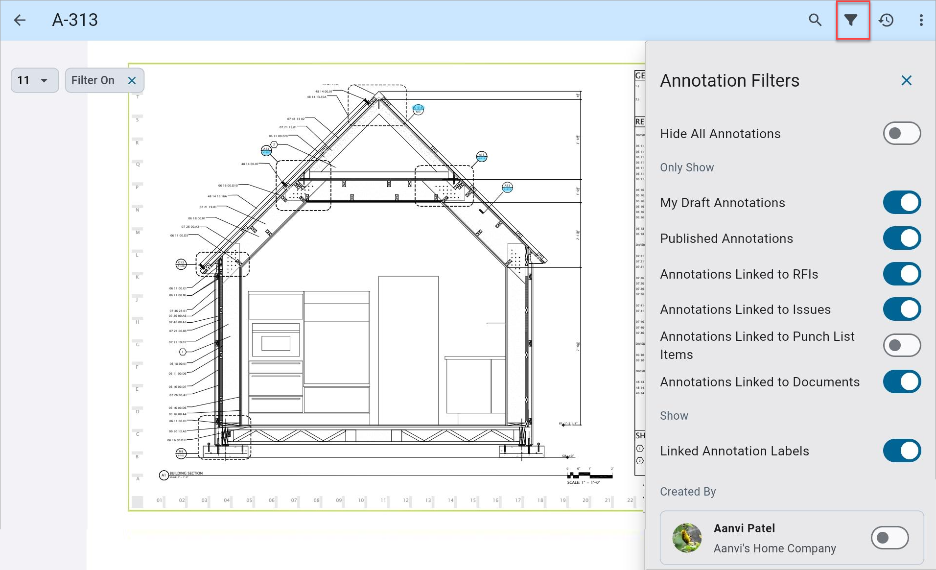 Screenshot of Drawings with Annotation Filters menu