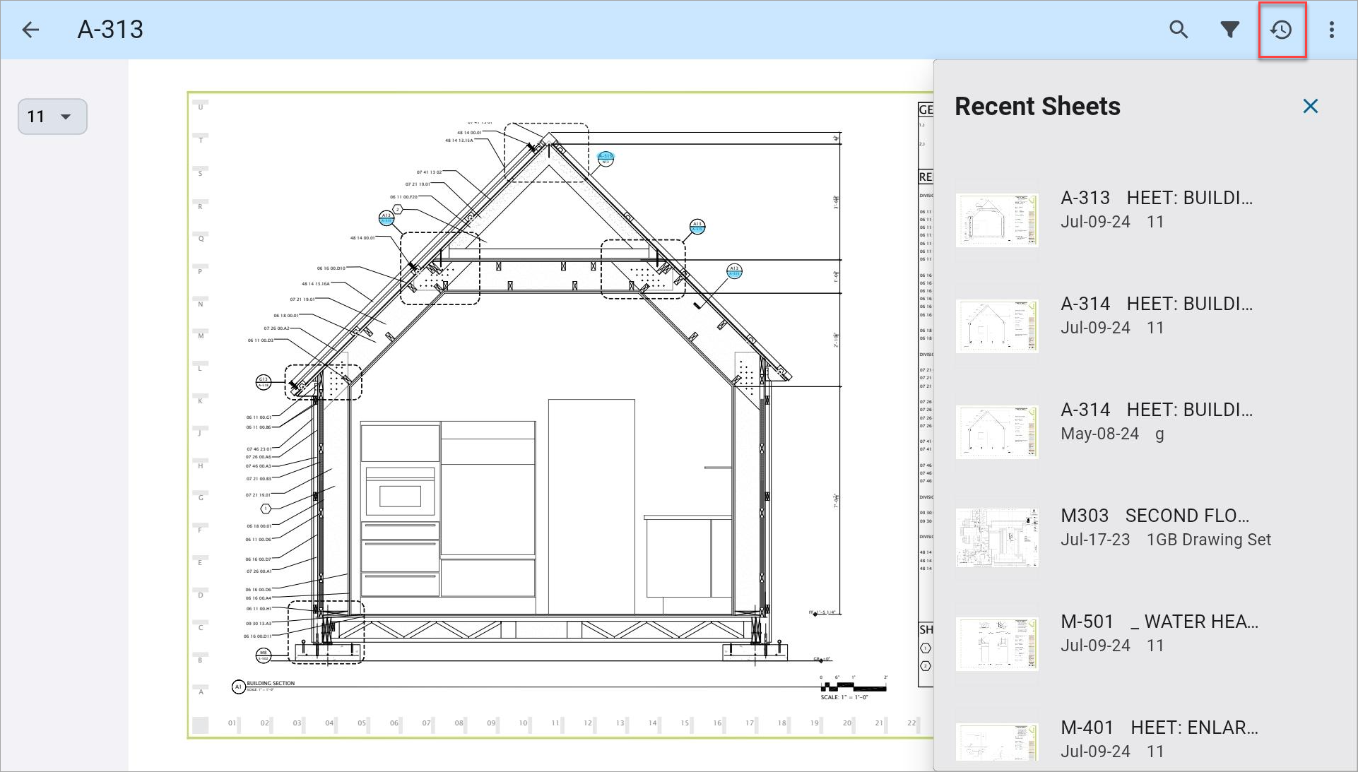 Screenshot of Drawings with Recent Sheets menu