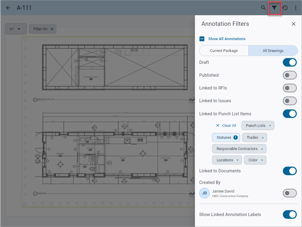 Screenshot of Annotation Filters on Drawings.