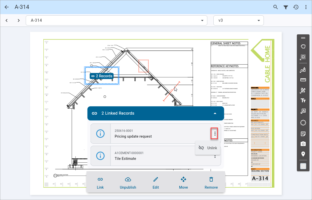 Screenshot of Annotation toolbar expanded and Unlink option.