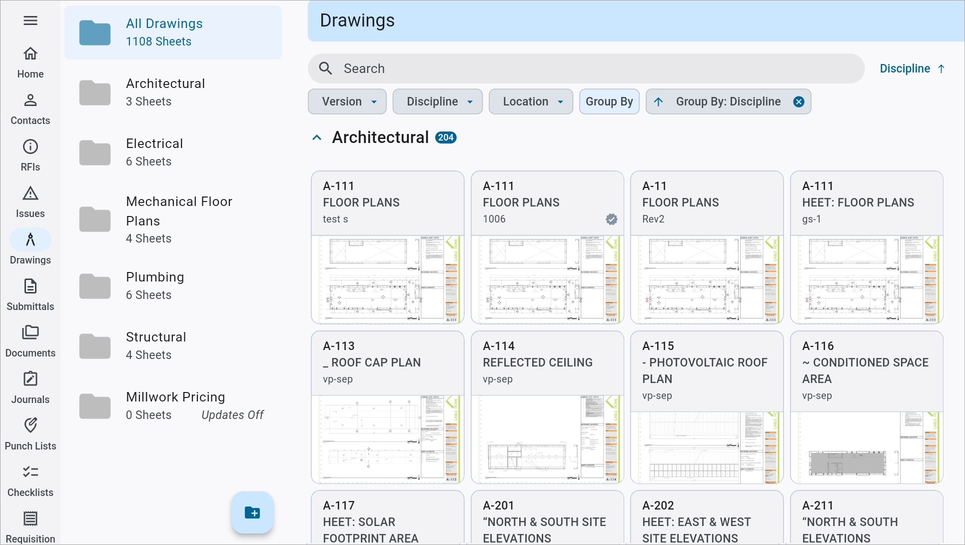 Screenshot of Drawings log in grid view