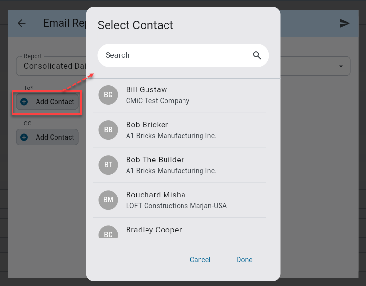 Screenshot of Select Contact pop-up