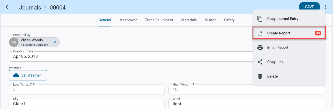 Screenshot of Journals menu with "Create Report" highlighted.