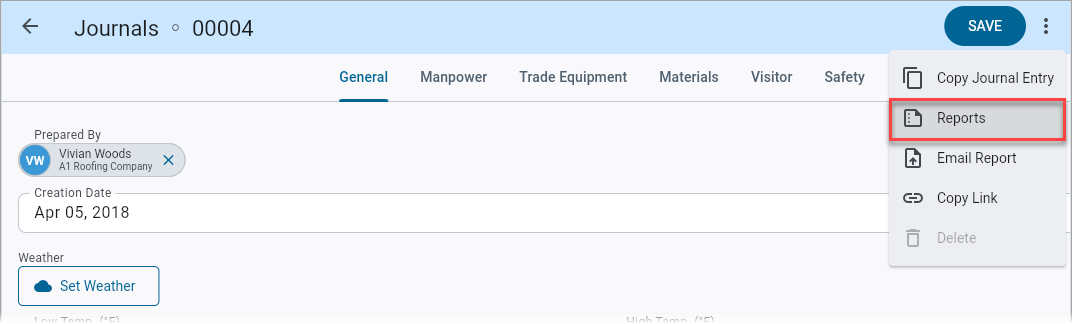Screenshot of Journals menu with Reports" highlighted.