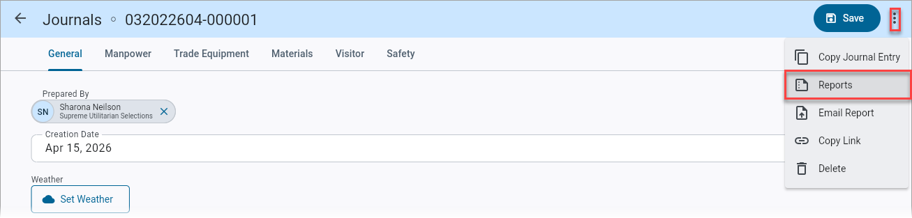Screenshot of Options menu with Reports highligthed.