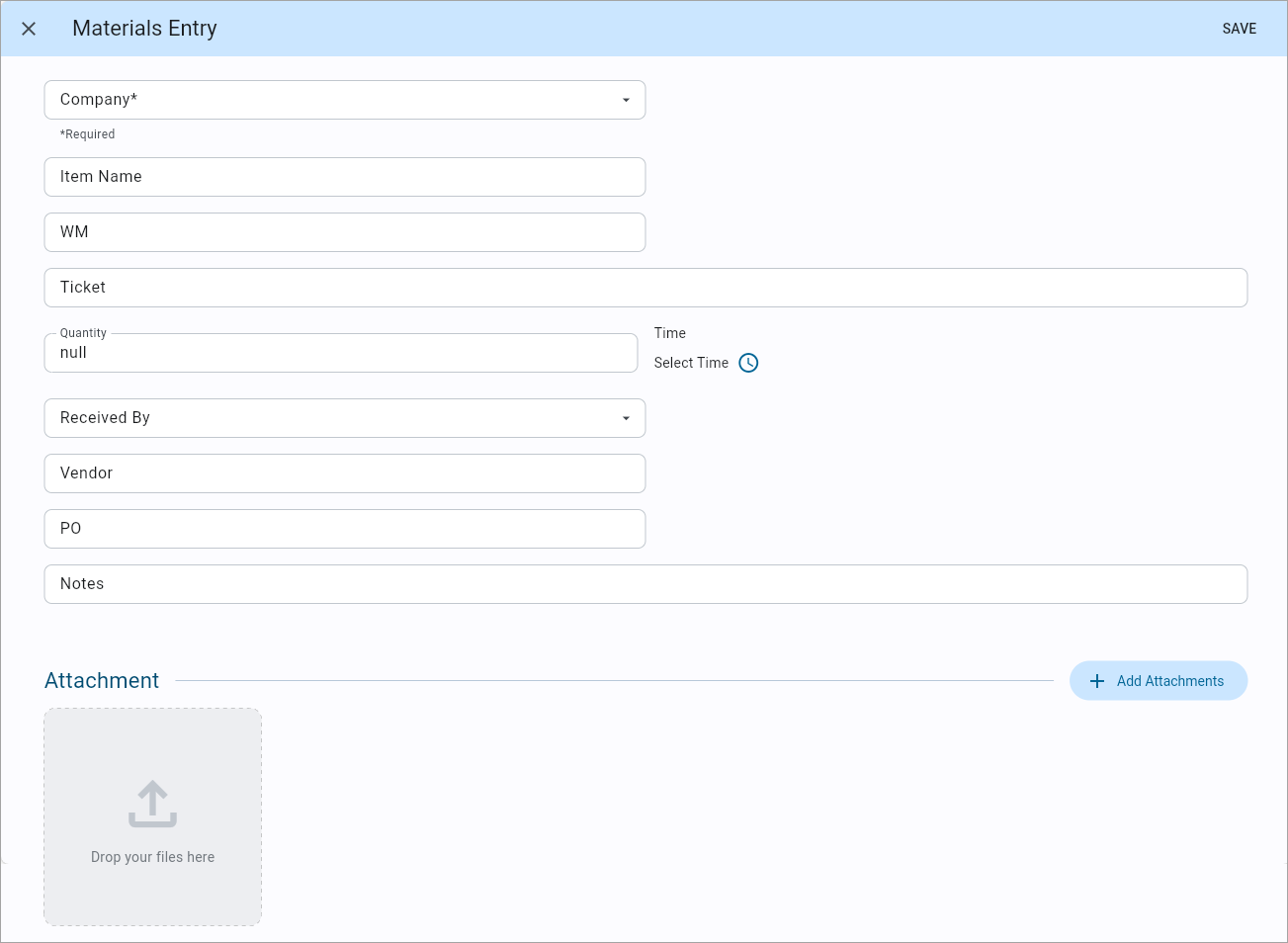 Screenshot of Materials tab on Construct PM Journals