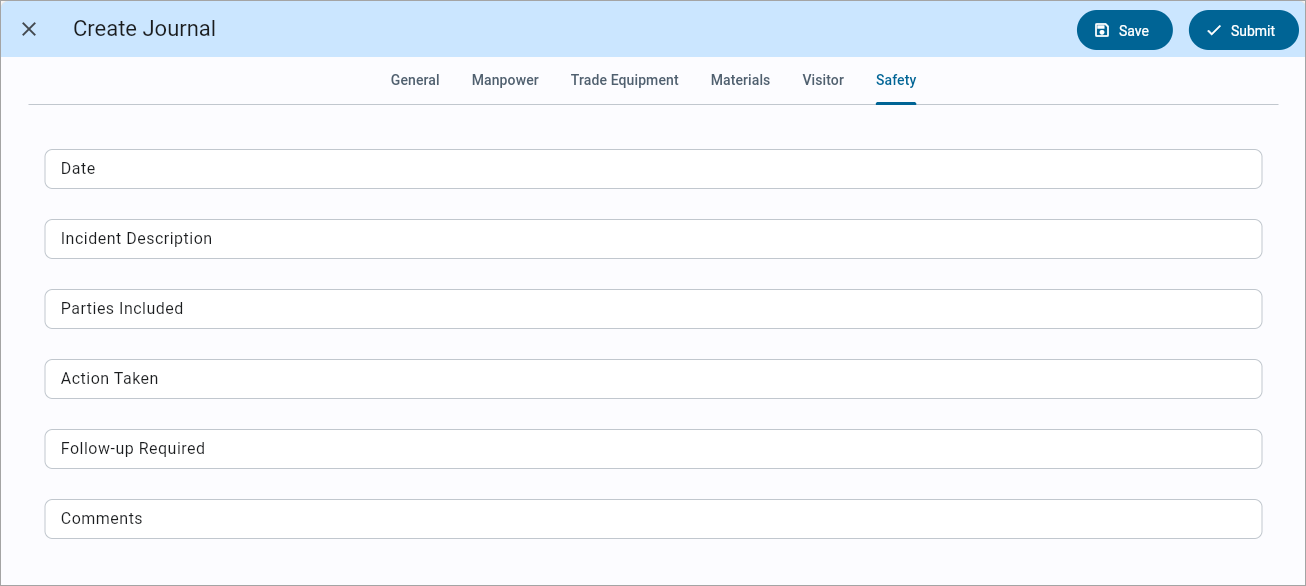 Screenshot of Safety tab on Construct PM Journals