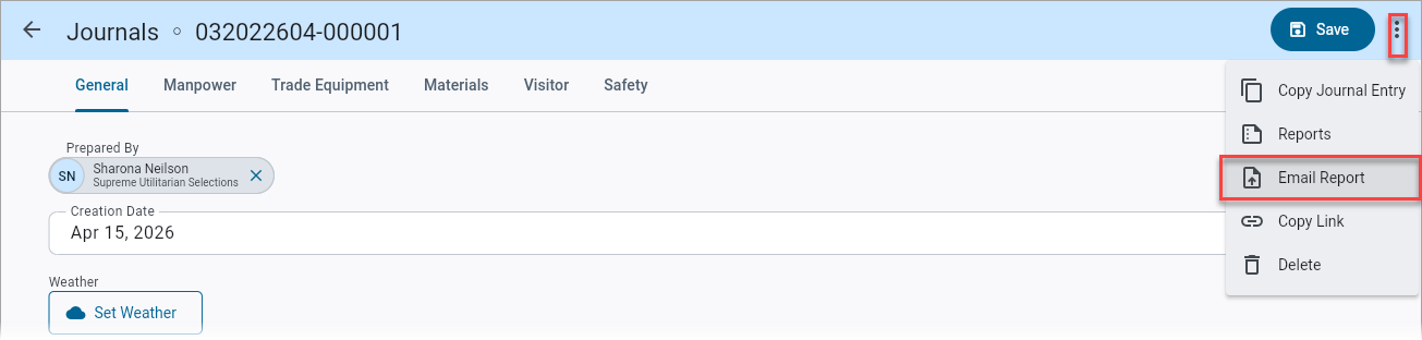 Screenshot of Emailing a Journal Report