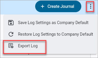 Screenshot of Journals Menu with "Export Log" option.
