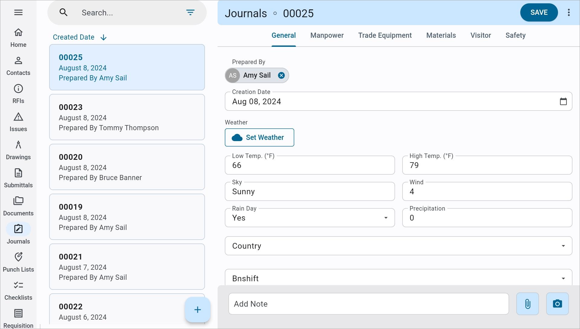 Screenshot of Journals log screen