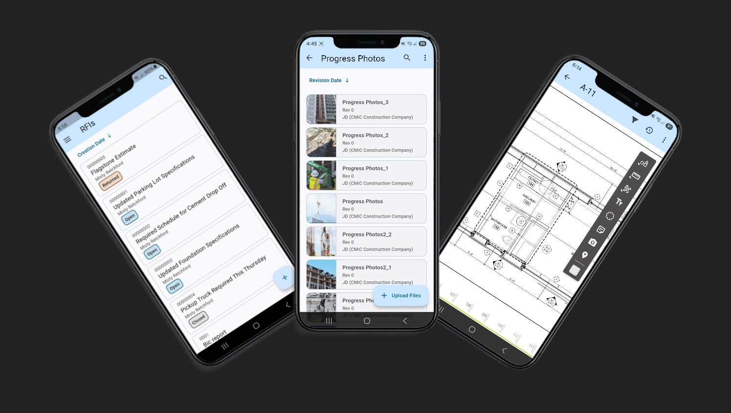 Image of three mobile devices with Construct PM.