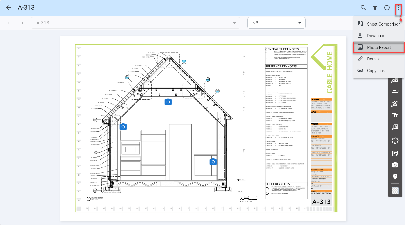 Screenshot of Drawing sheet with Photo Report selected from menu.