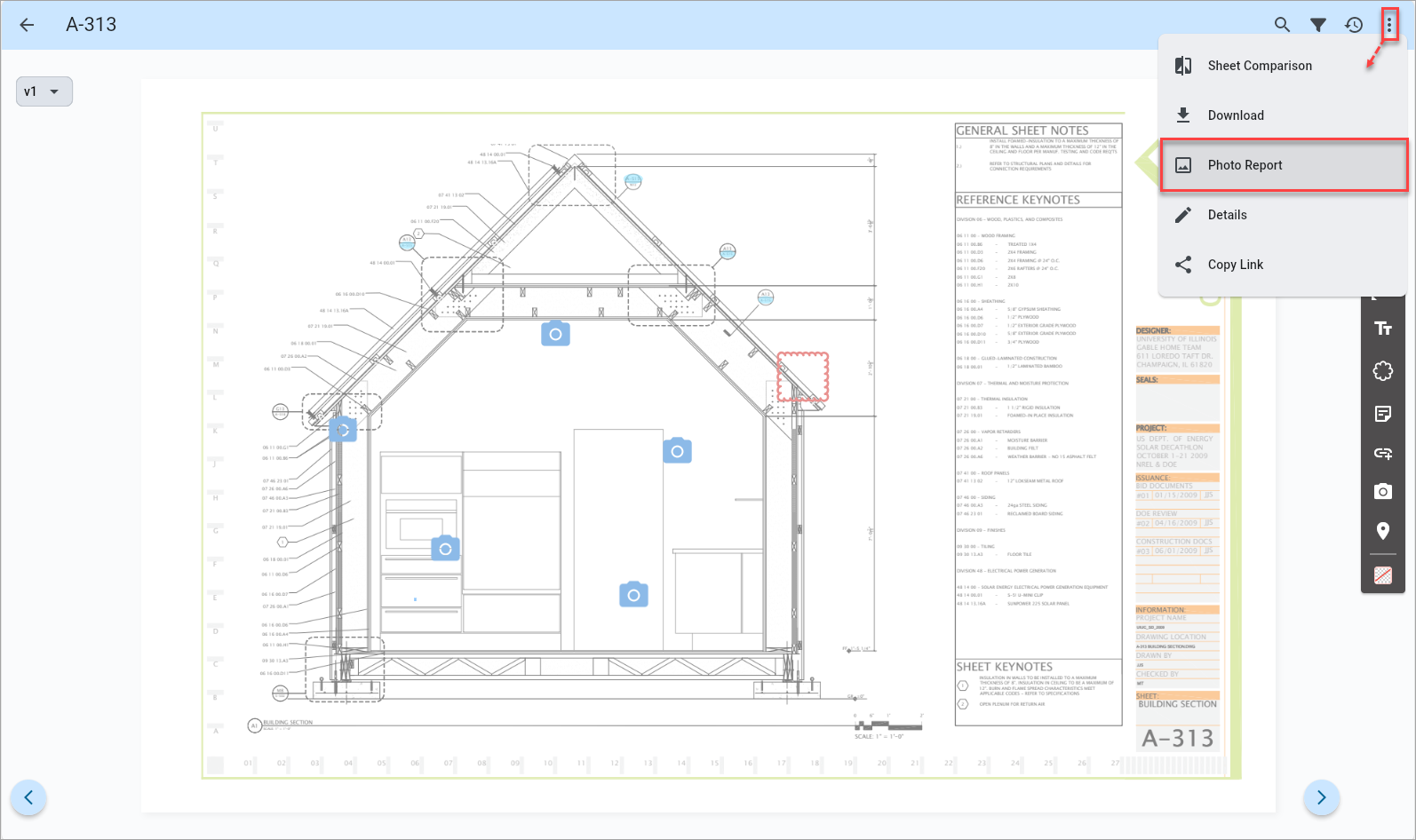 Screenshot of Drawing sheet with Photo Report selected from menu.