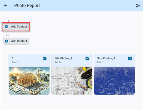 Screenshot of Photo Report pop-up with [Add Contact] button highlighted