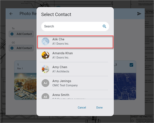 Screenshot of Select Contact pop-up launched from [Add Contact] button