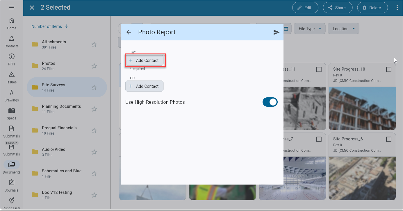 Screenshot of Photo Report pop-up with [Add Contact] button highlighted.