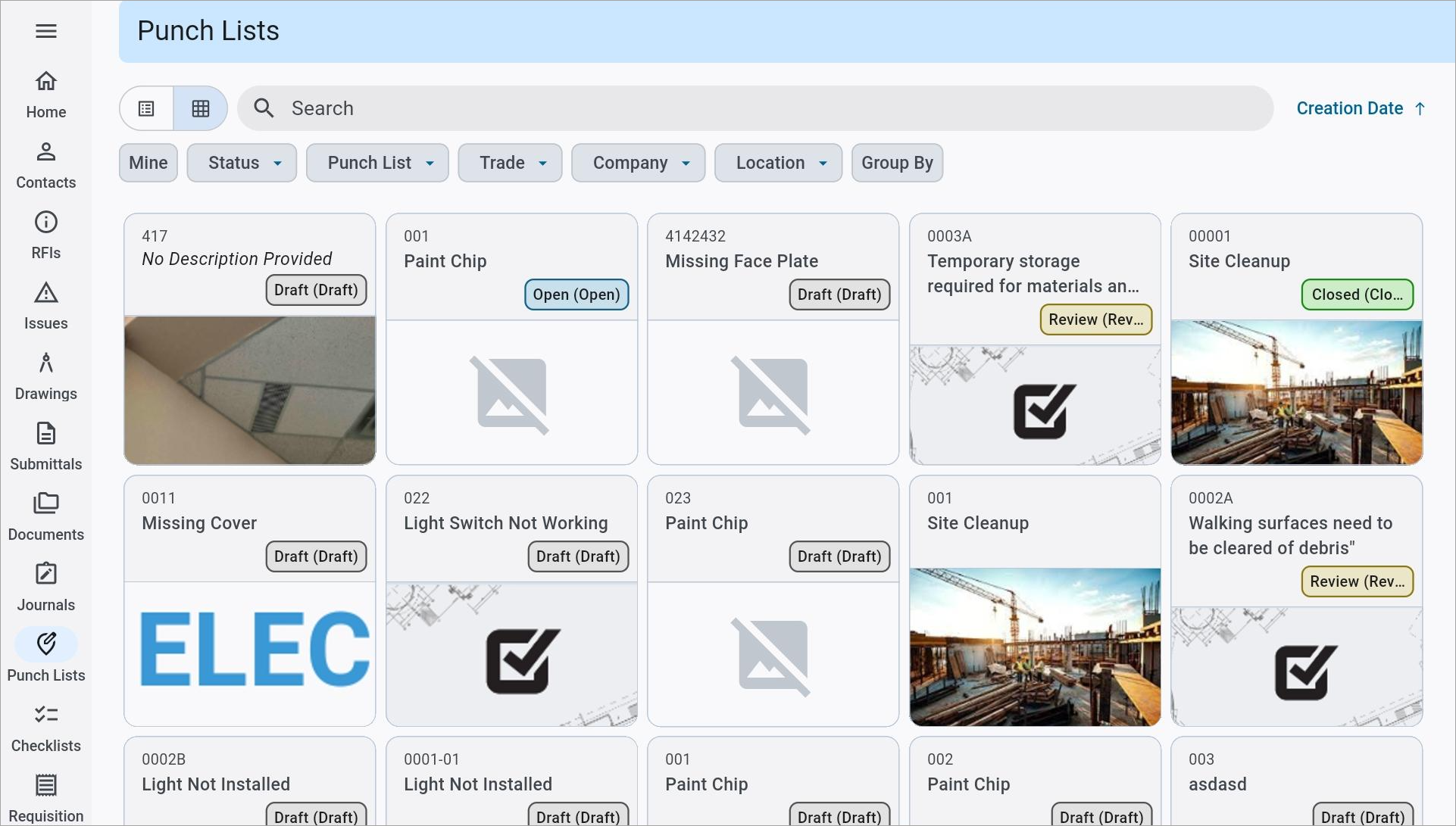 Screenshot of Punch Lists in grid mode