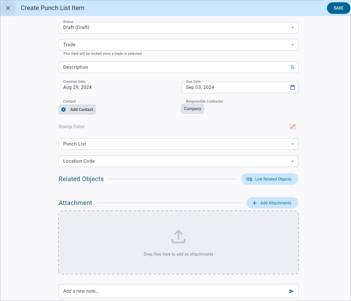 Screenshot of Create Punch List Item