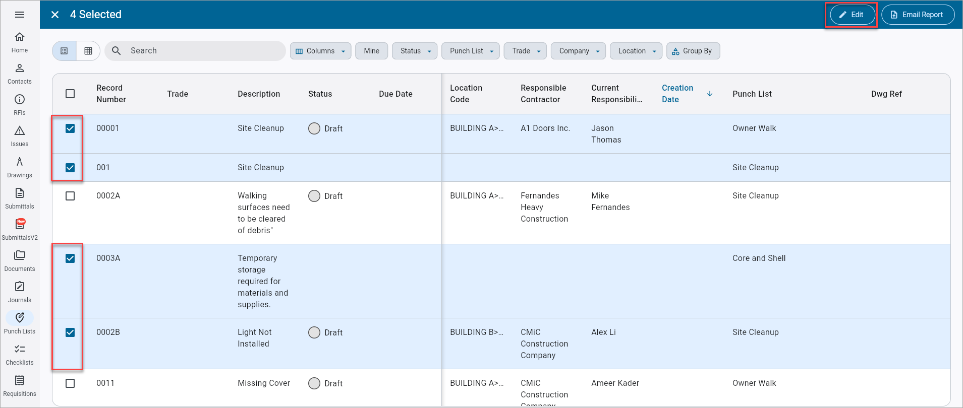 Screenshot of Punch Lists with Batch Edit feature