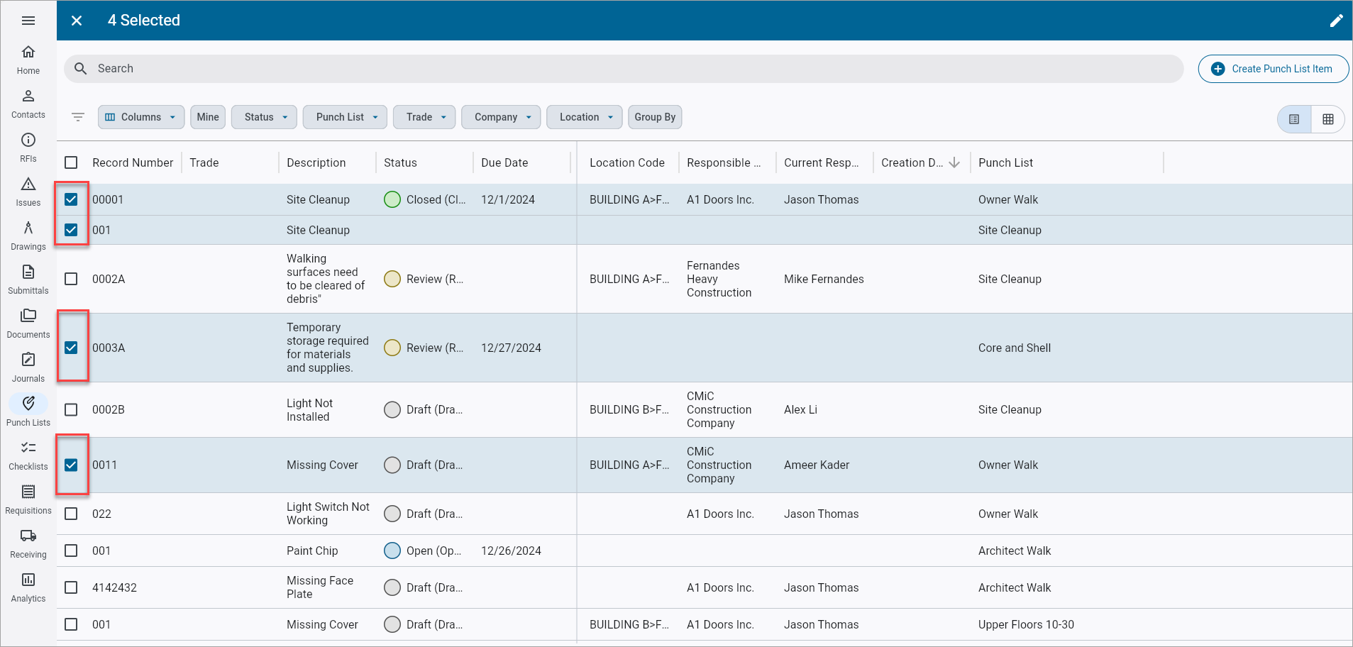 Screenshot of Punch Lists with Batch Edit feature