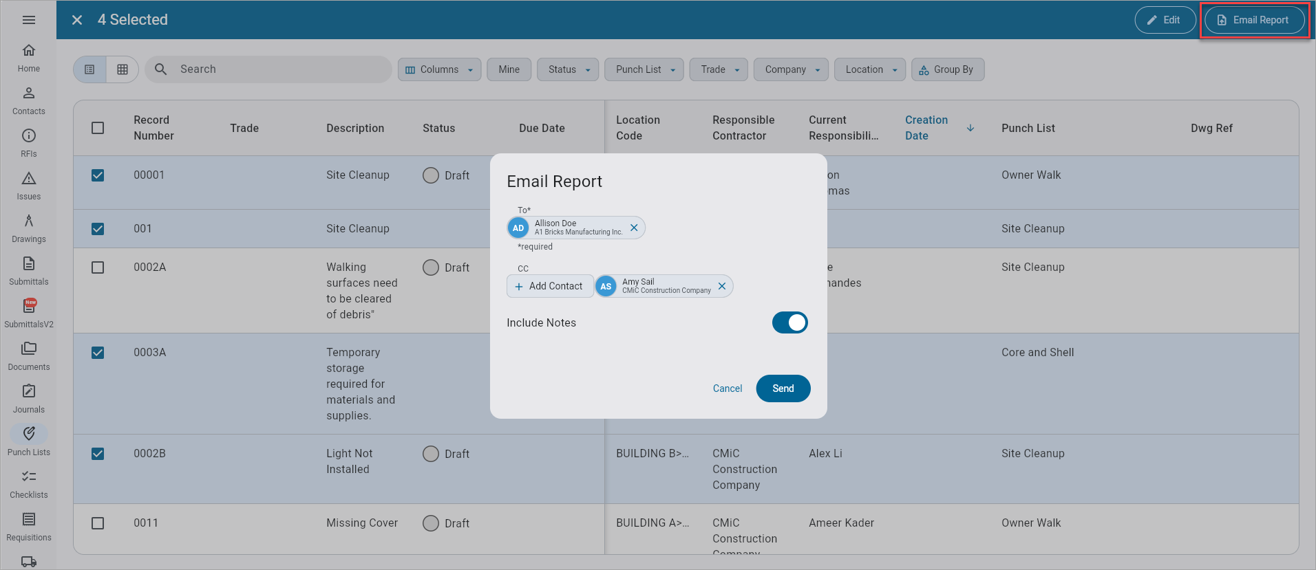 Screenshot of Punch Lists with Batch Email feature