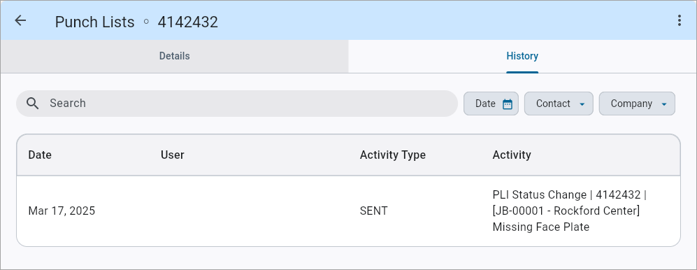 Screenshot of History tab.