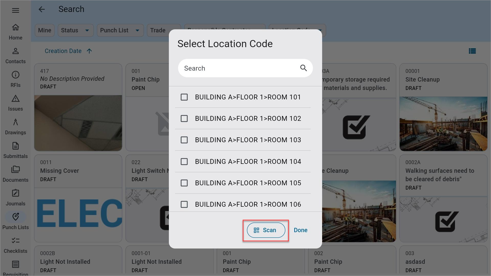 Screenshot of Select Location Code pop-up