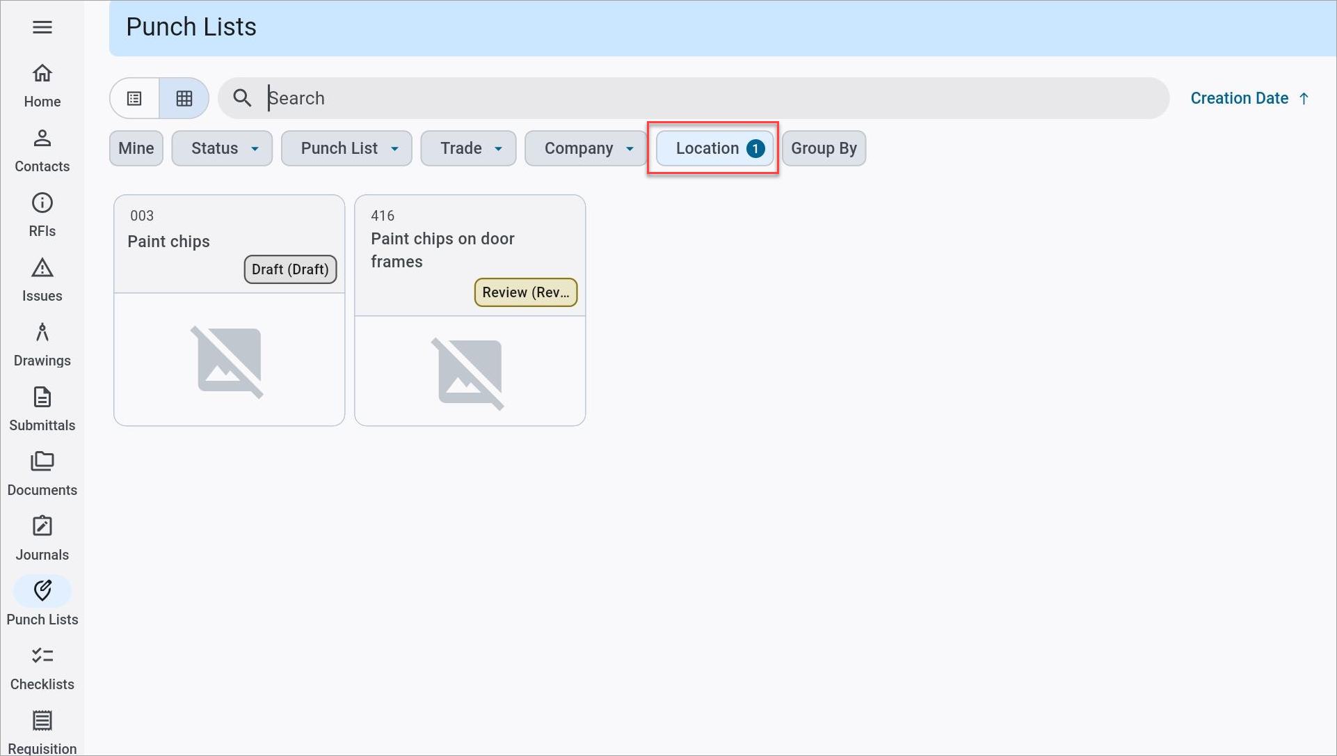 Screenshot of Punch Lists filtered by location code
