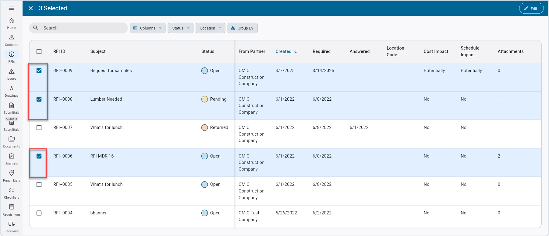 Screenshot of RFIs with Batch Edit feature