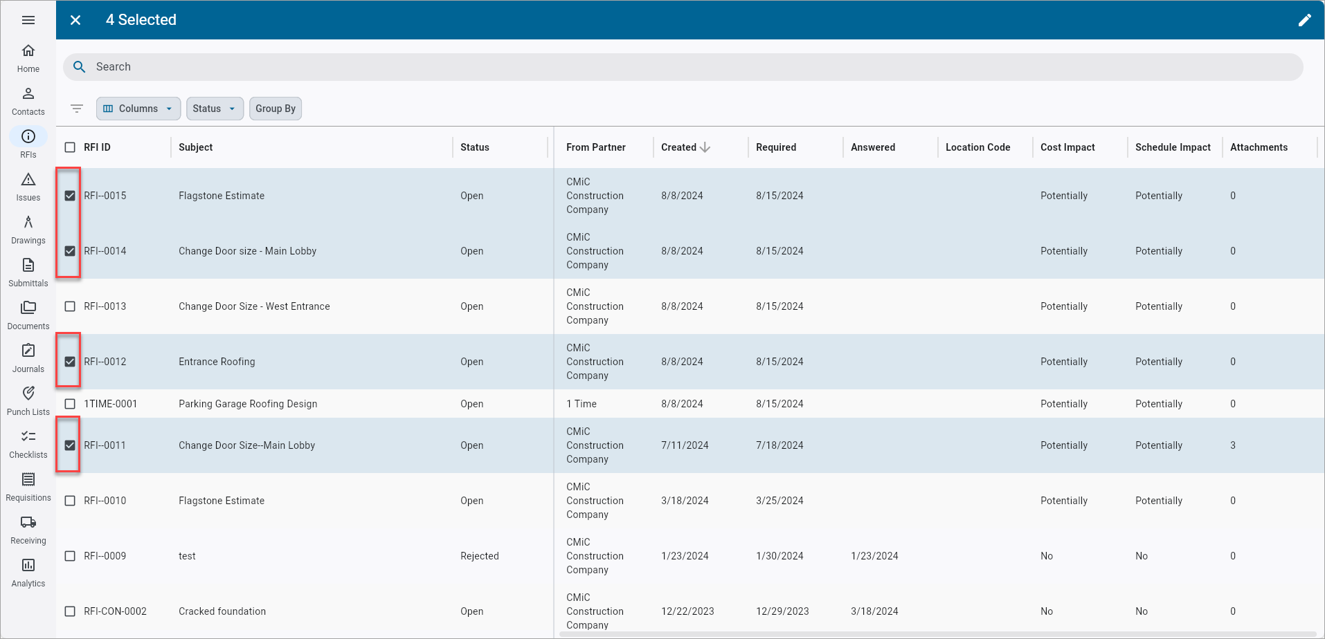 Screenshot of RFIs with Batch Edit feature