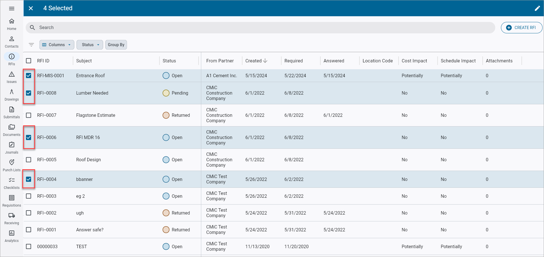 Screenshot of RFIs with Batch Edit feature