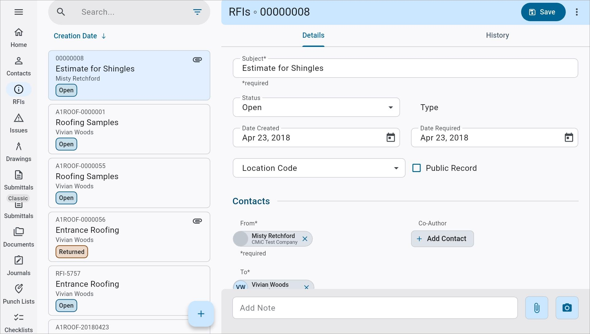 Screenshot of RFI log.