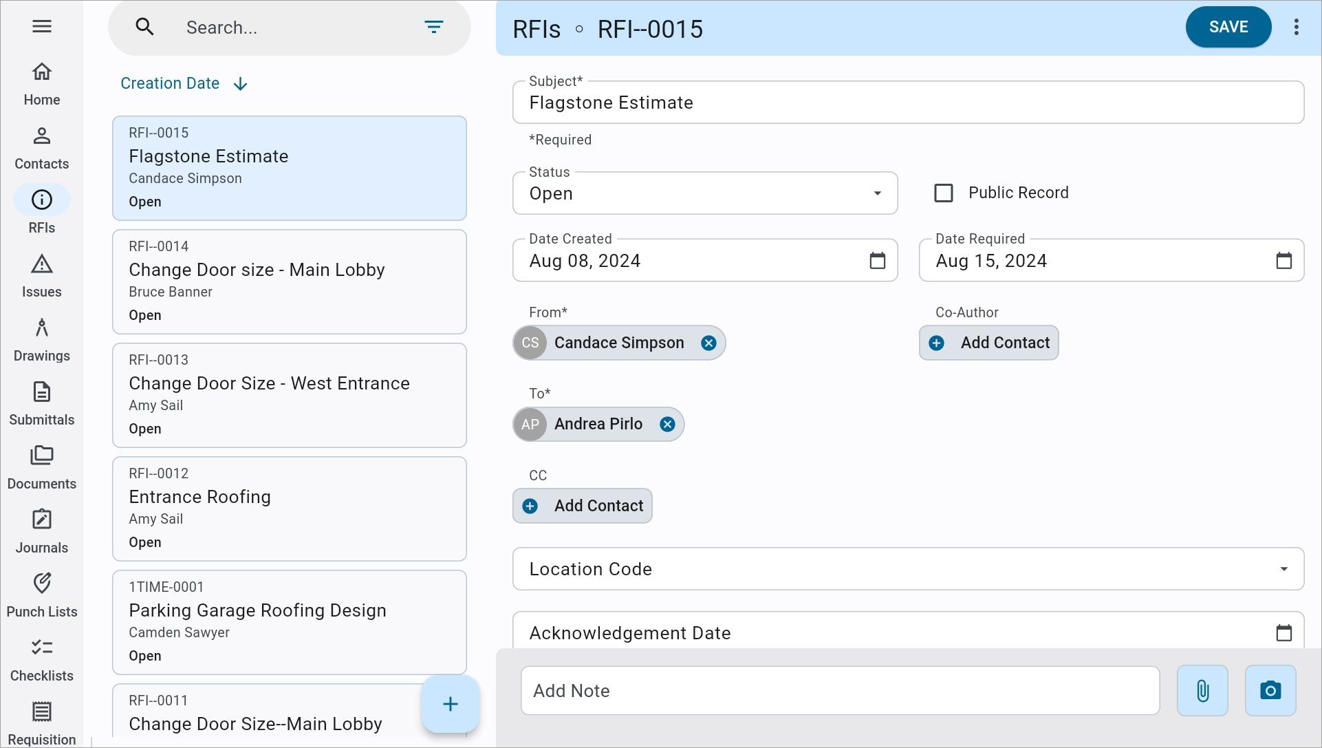 Screenshot of RFIs log screen