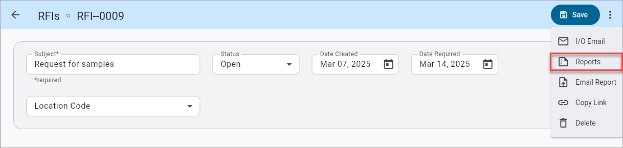 Screenshot with Reports highlighted on Option Menu.