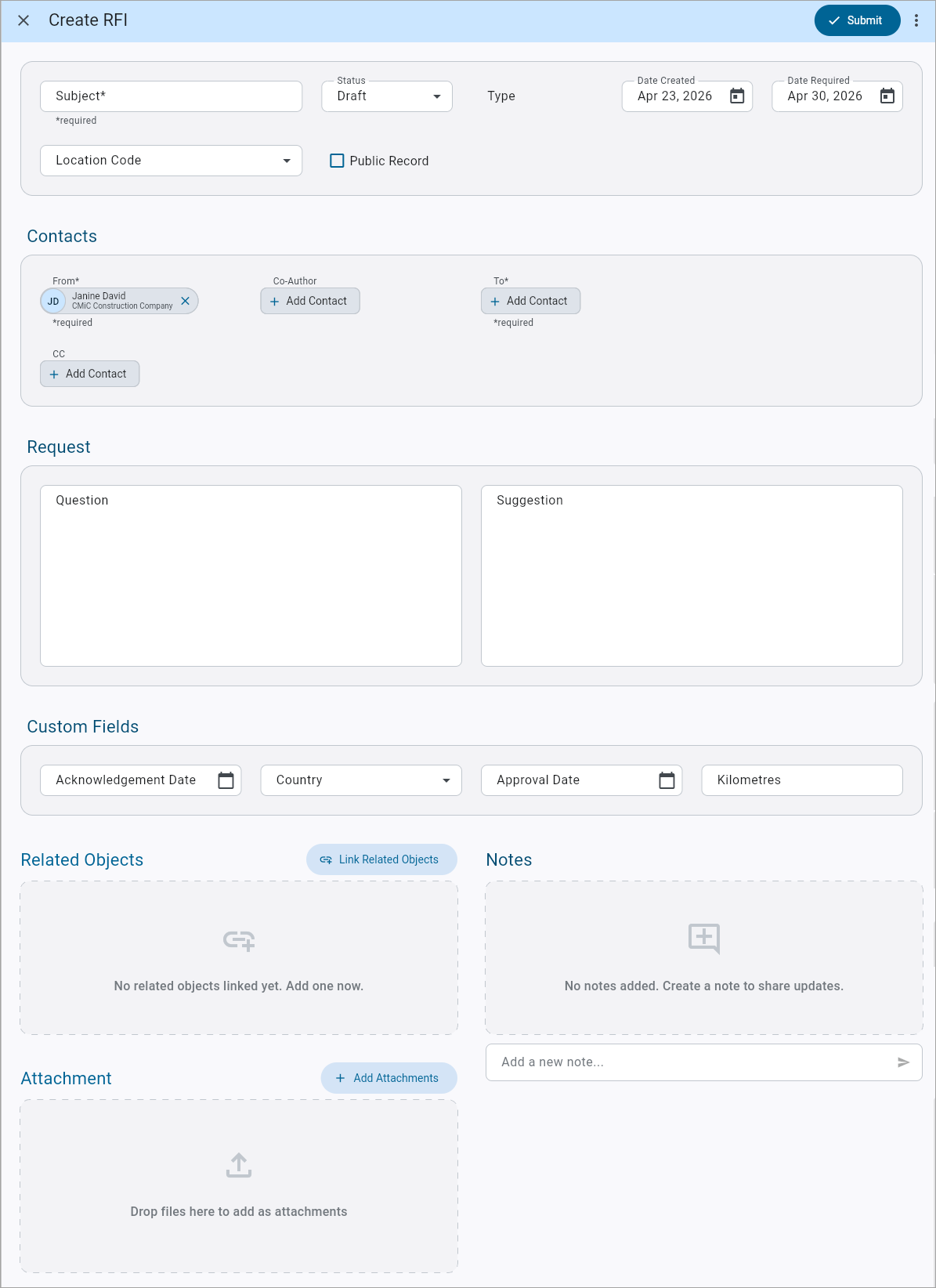 Screenshot of Create RFI.
