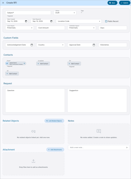 Screenshot of Create RFI.