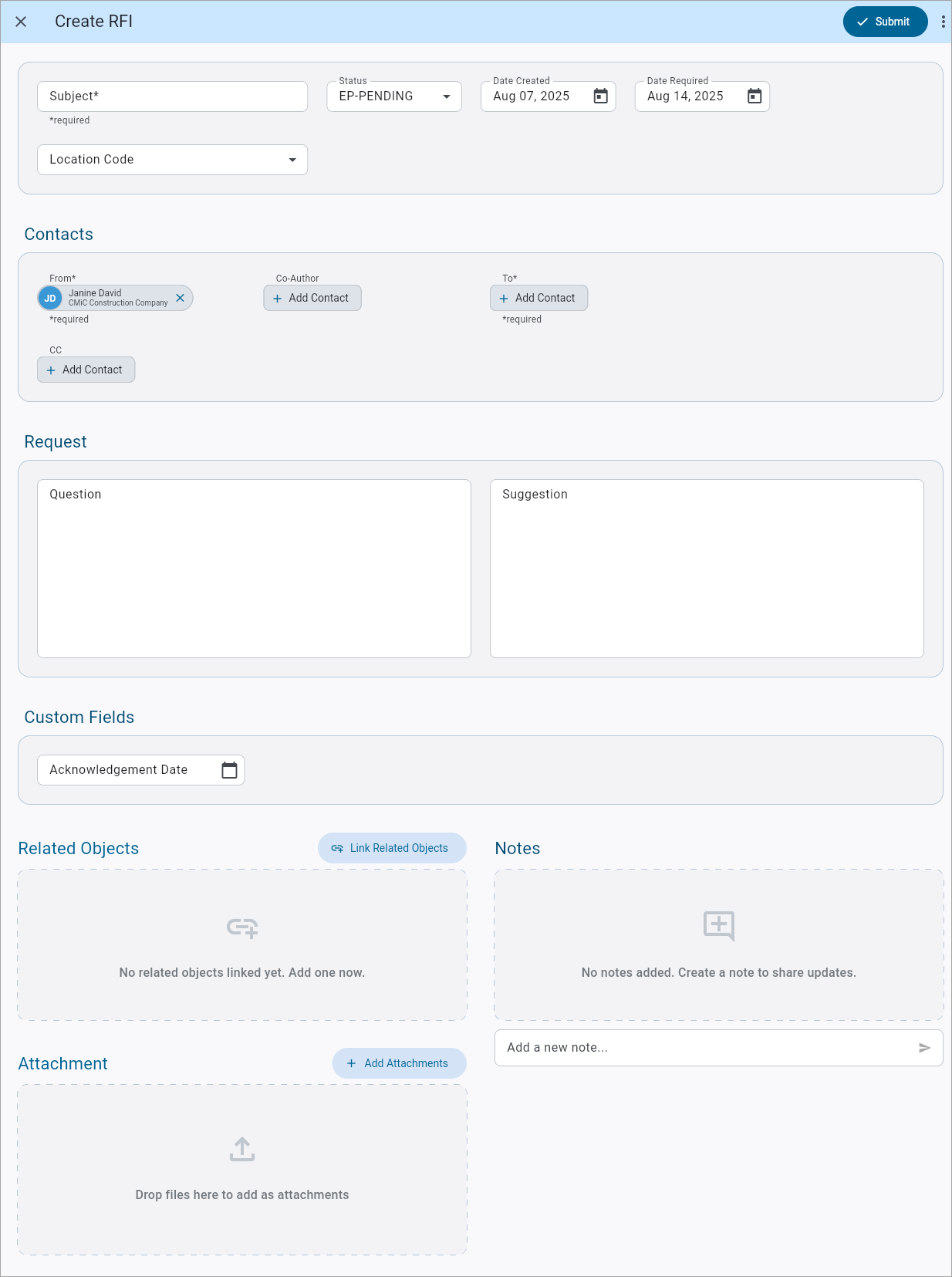 Screenshot of Create RFI.