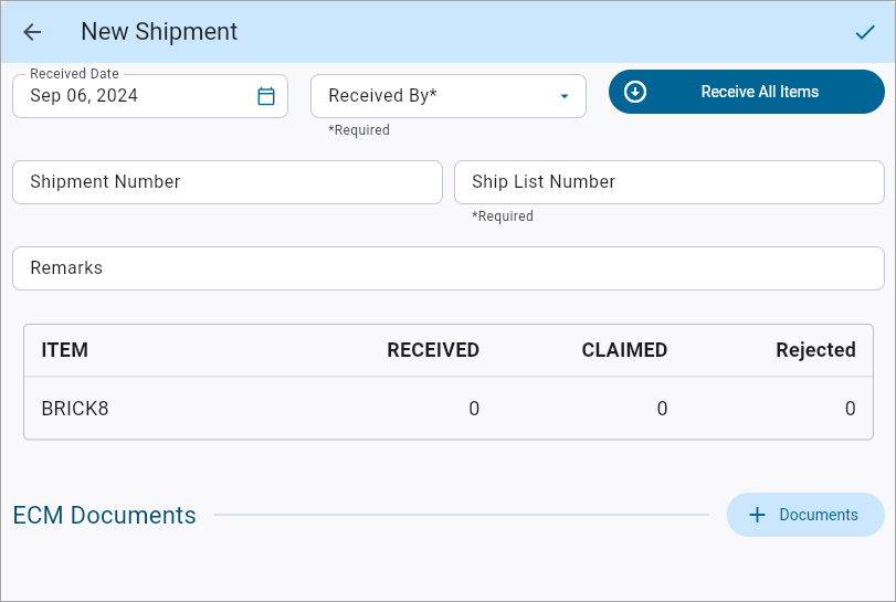 Screenshot of New Shipment launched from [New Shipment] button on Receiving