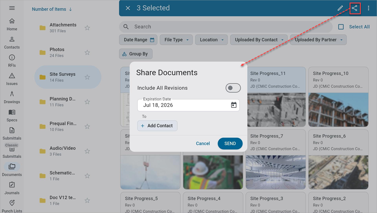 Screenshot of Documents with Share Documents pop-up