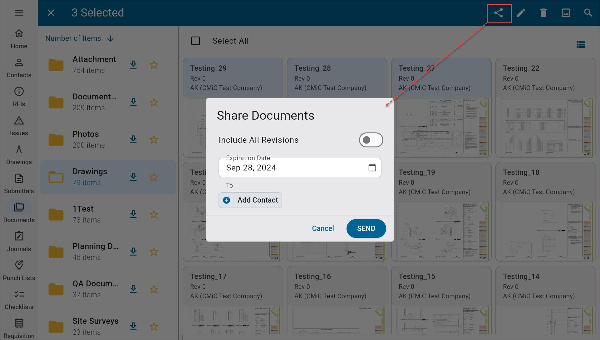 Screenshot of Documents with Share Documents pop-up