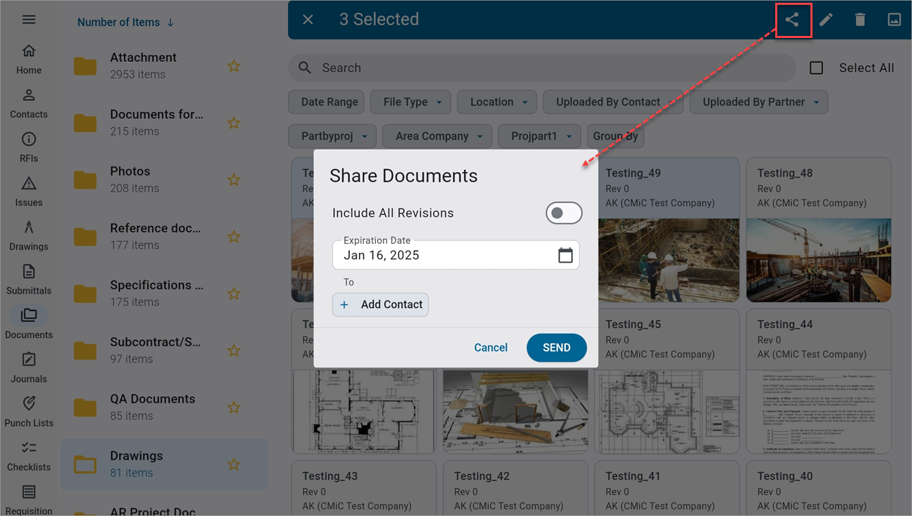 Screenshot of Documents with Share Documents pop-up