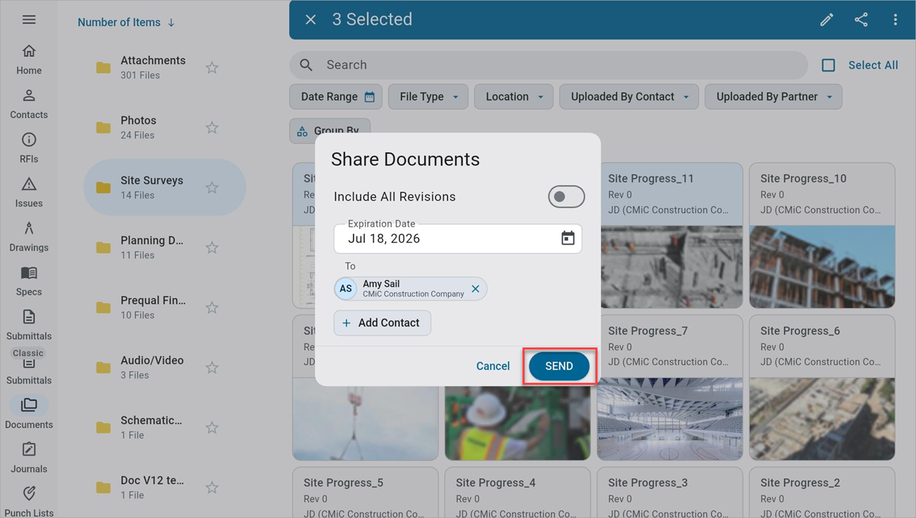 Screenshot of Documents with Share Documents pop-up