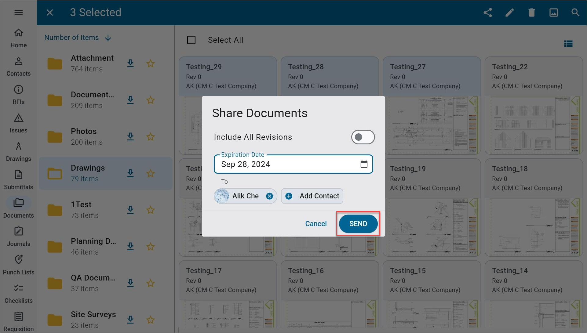 Screenshot of Documents with Share Documents pop-up