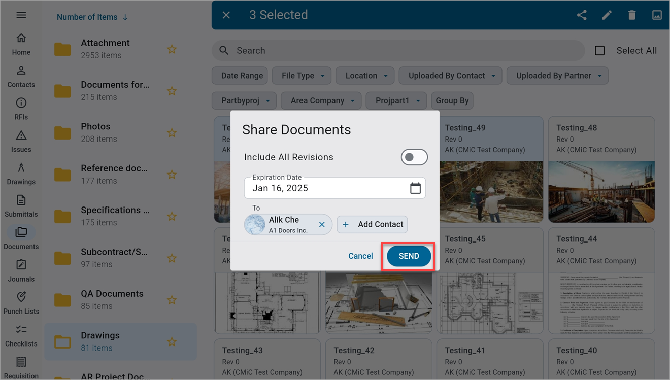 Screenshot of Documents with Share Documents pop-up