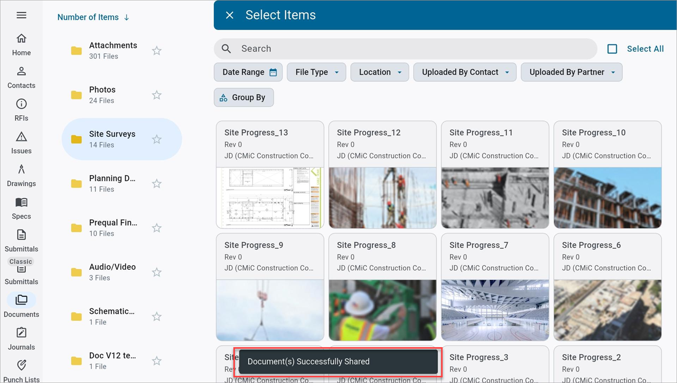Screenshot of Documents with successful share message